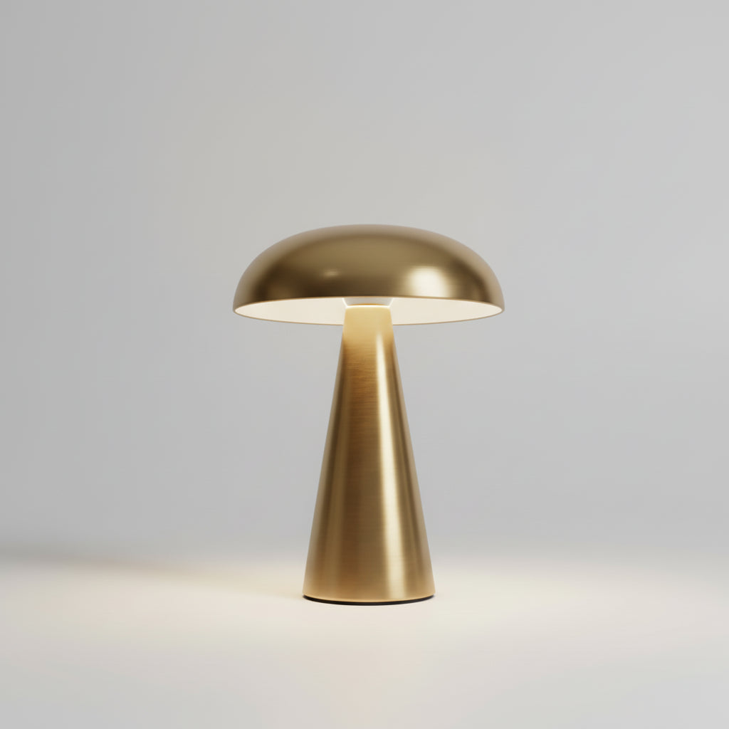 Luminária de Mesa Cogumelo LED moderna e recarregável, com design sofisticado em ouro, prata ou preto. Iluminação ajustável em 3 temperaturas de cor.