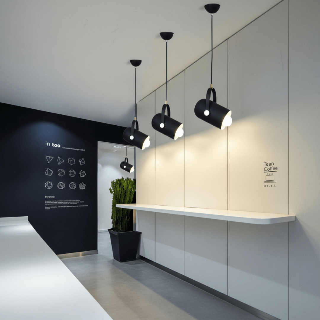 Três luminárias pendentes cilíndricas BT30 sobre mesa de jantar