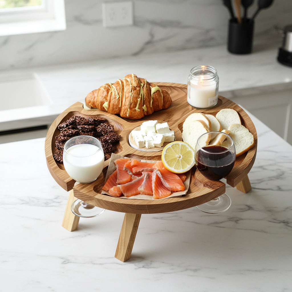 Leve praticidade e elegância ao ar livre! Mesa de piquenique dobrável em madeira com porta-taças, ideal para festas e encontros no jardim.