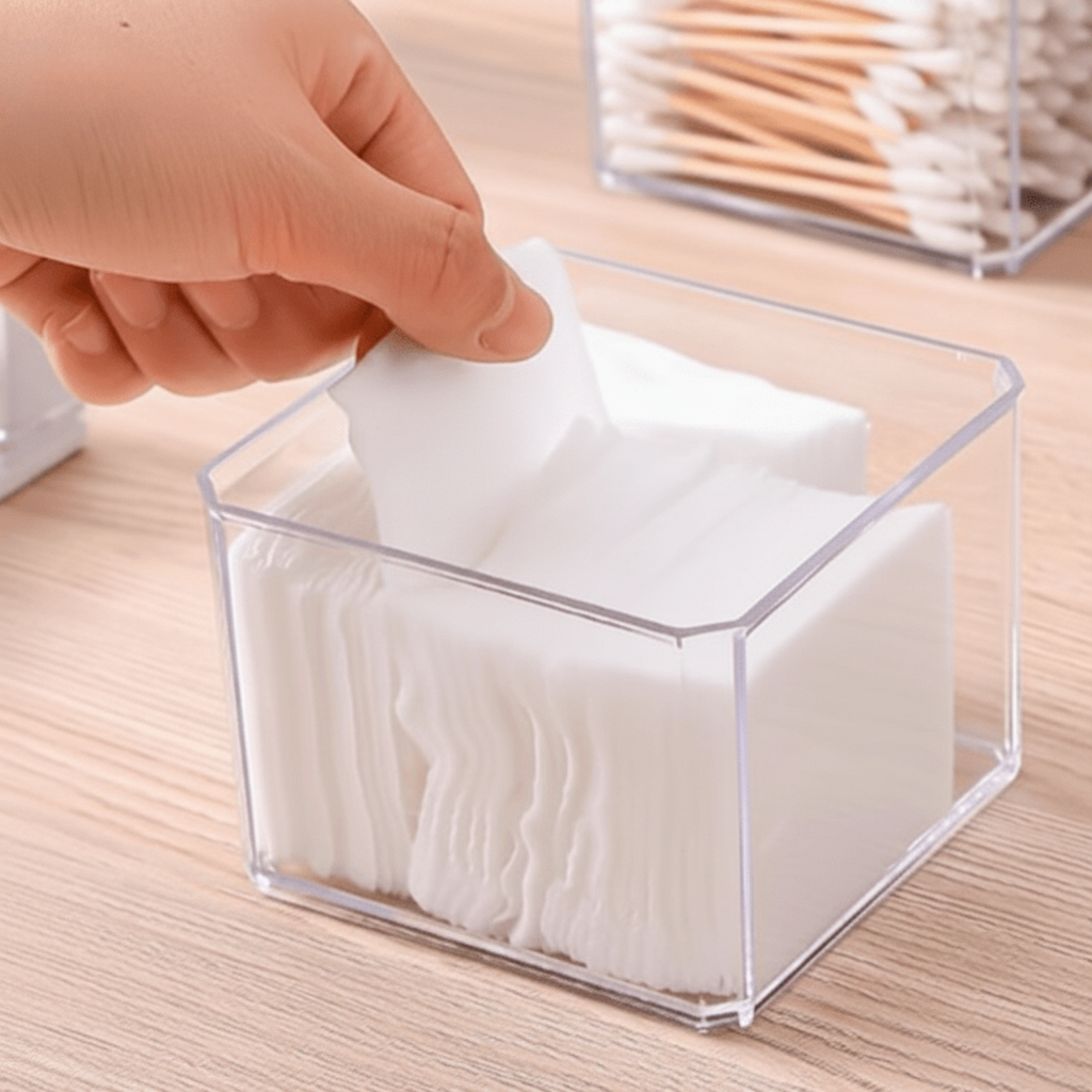 Mão retirando lenço de papel de dentro do organizador acrílico transparente sem tampa