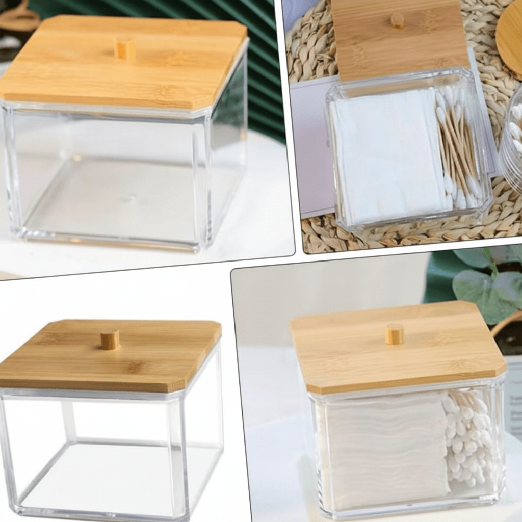 Organizador acrílico com tampa de bambu em quatro usos: cotonetes, lenços, palitos e outros itens