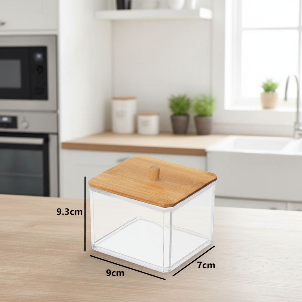 Organizador acrílico com tampa de bambu e dimensões: 9,3 × 9 × 7 cm sobre bancada de cozinha