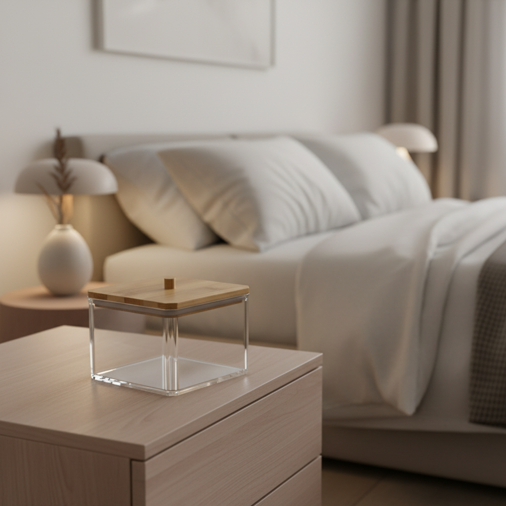 Organizador acrílico quadrado com tampa de bambu sobre criado-mudo de quarto em ambiente minimalista