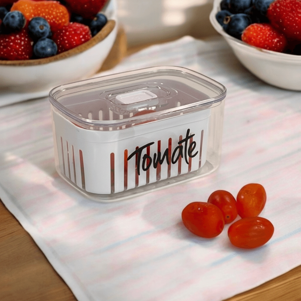 Organizador Clear Fresh transparente com cesto interno, etiqueta Tomate, ao lado de tomates cereja frescos