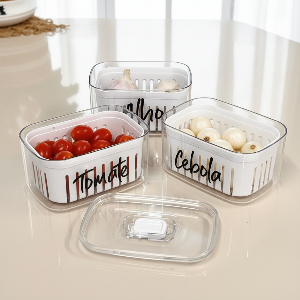 Kit Organizador Clear Fresh com três potes empilháveis e cestos internos para alho, tomate e cebola