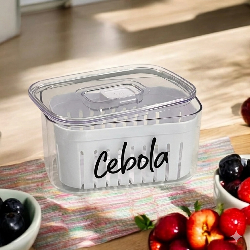 Organizador Clear Fresh transparente com cesto e tampa hermética etiqueta Cebola com frutas ao fundo