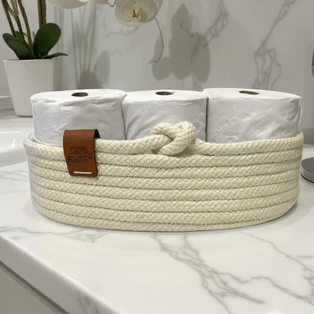 Organizador oval de corda de algodão cor creme com nó decorativo guardando papel higiênico em bancada de mármore
