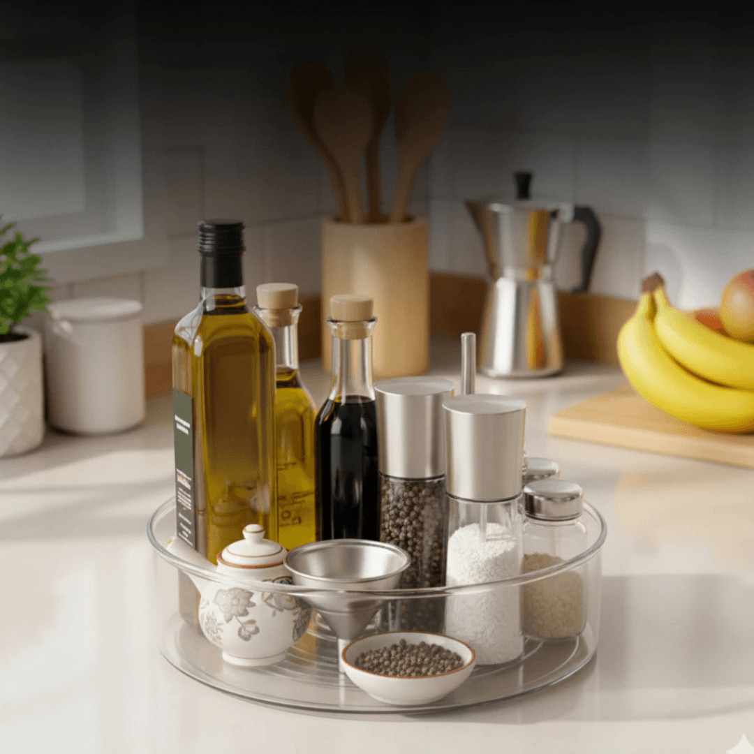 Organizador giratório 360° transparente com azeites e condimentos sobre bancada de cozinha