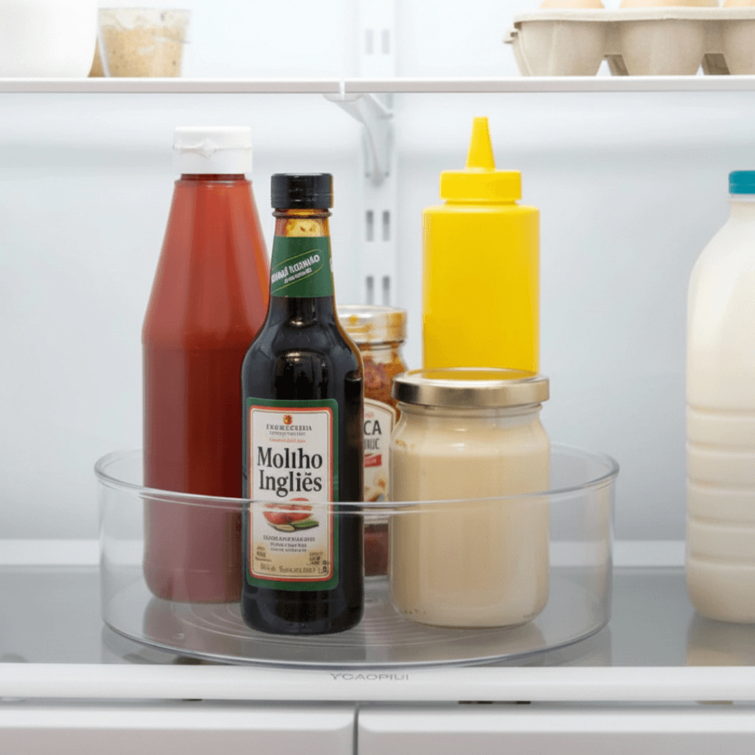 Organizador giratório transparente dentro de geladeira com ketchup, molho e condimentos