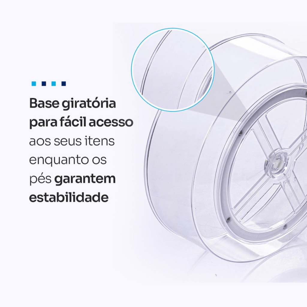 Detalhe da base giratória 360° com pés antiderrapantes do organizador multiuso transparente