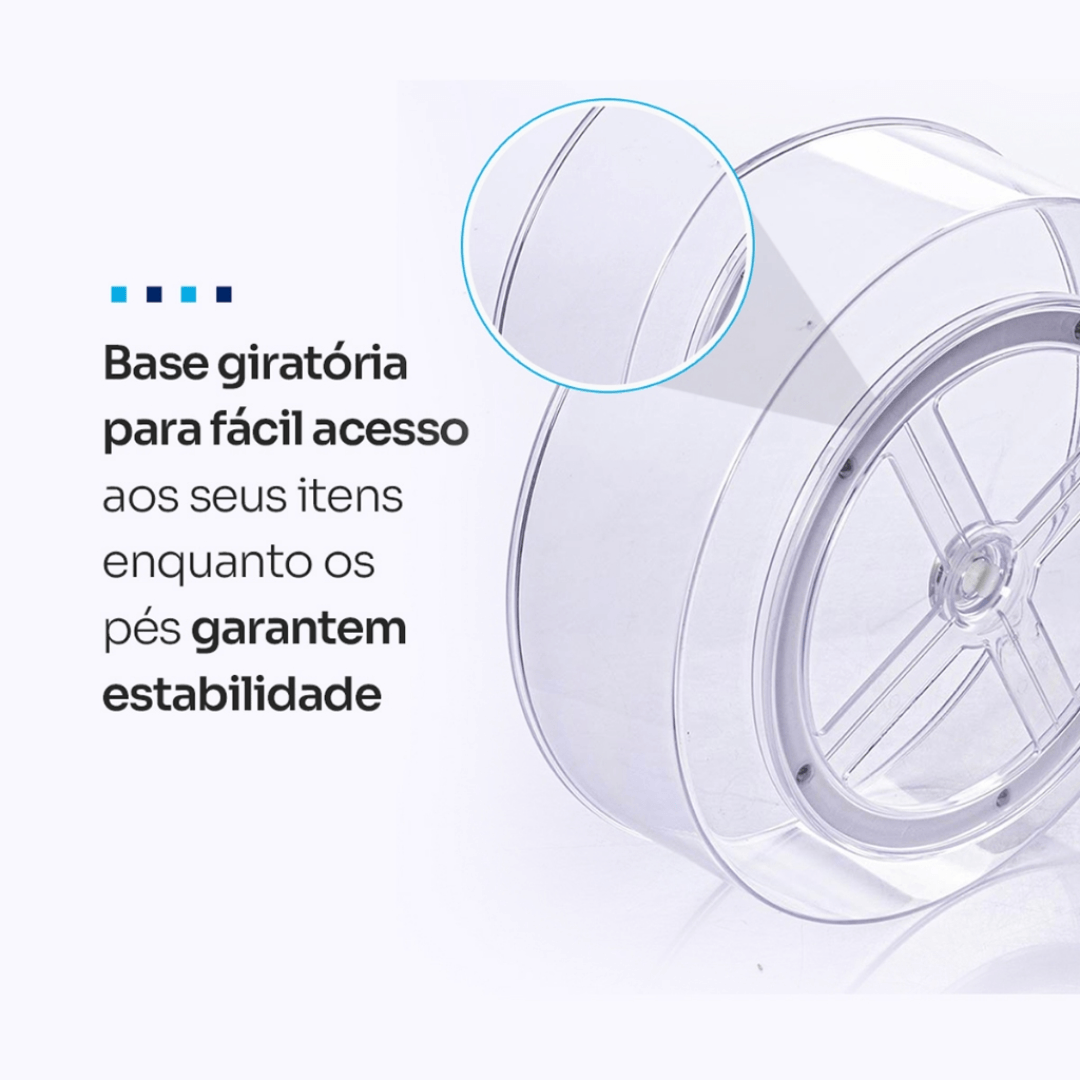 Detalhe da base giratória 360° com pés antiderrapantes do organizador multiuso transparente