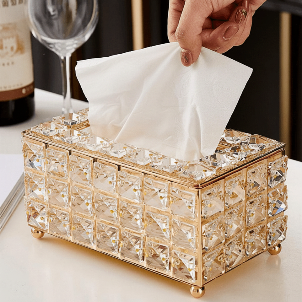 Mão retirando lenço de porta-lenços luxuoso em cristal dourado sobre bancada