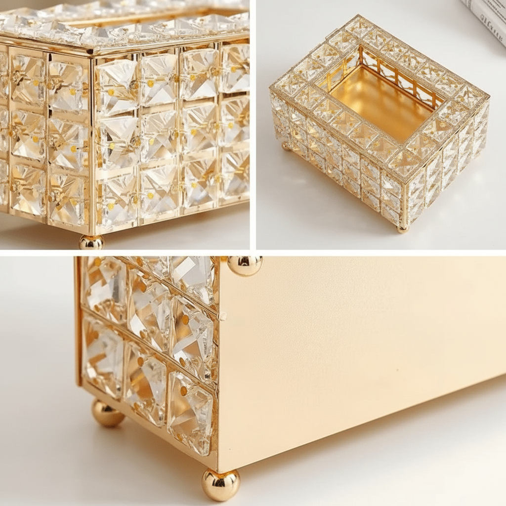 Detalhes do porta-lenços em cristal dourado: vista superior, frontal e lateral com cristais facetados