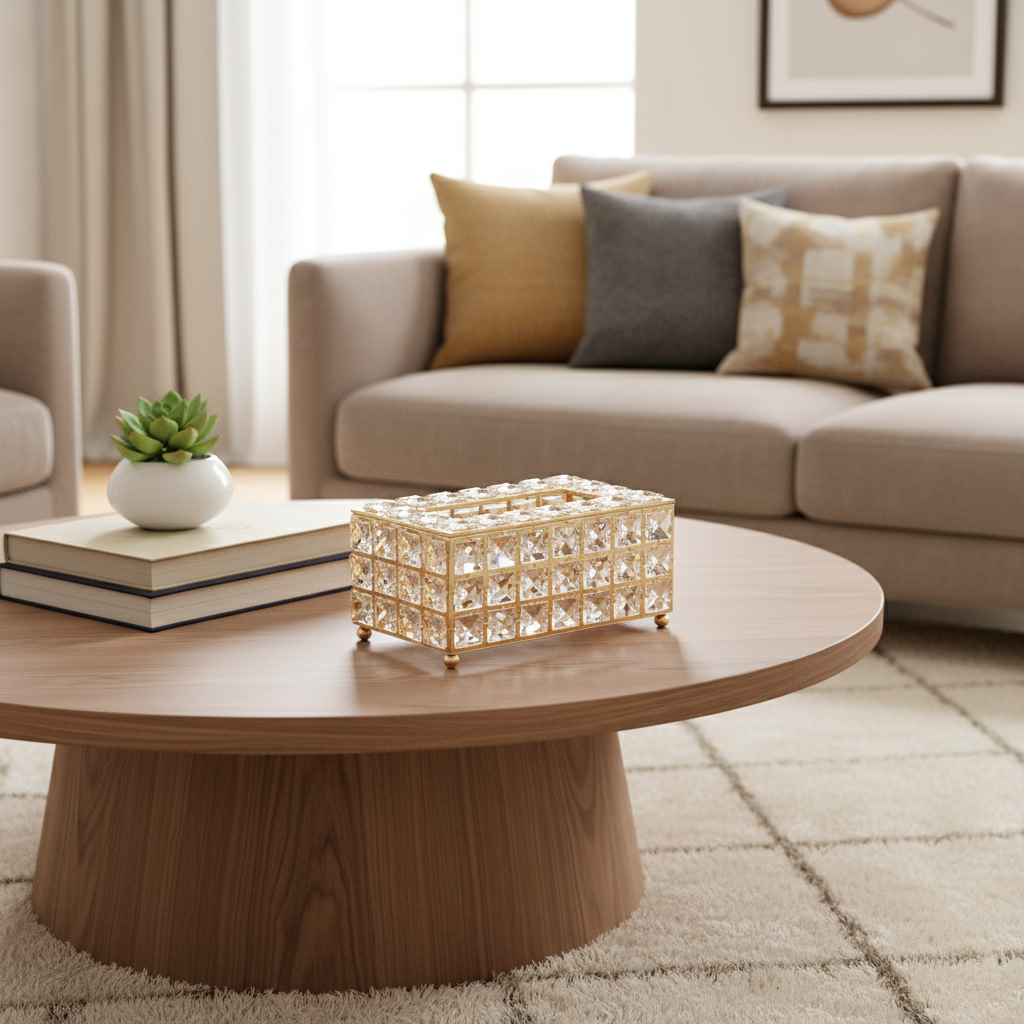 Porta-lenços luxuoso em cristal e metal dourado sobre mesa de centro redonda em sala de estar