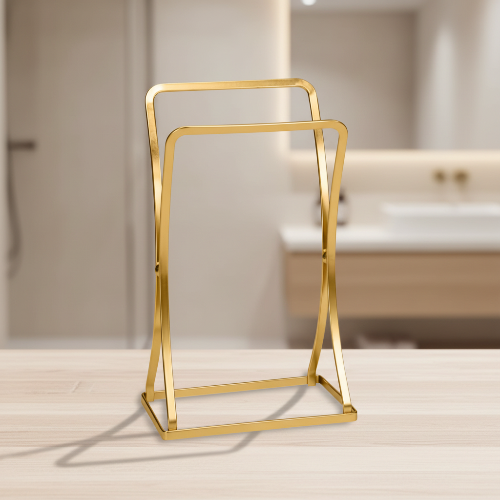 Porta toalha dourado fosco Arthi posicionado no banheiro elegante