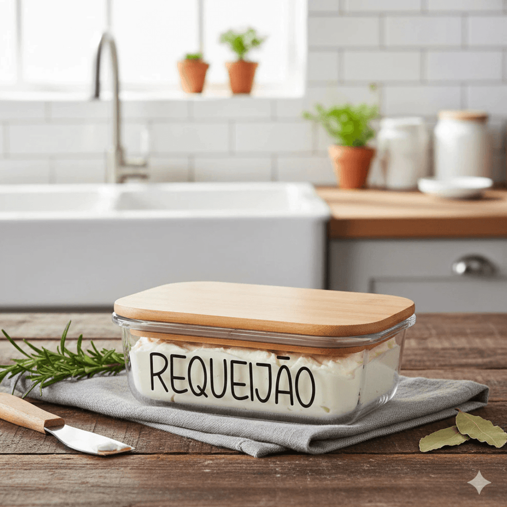 Pote hermético de vidro 370ml com tampa de bambu para requeijão