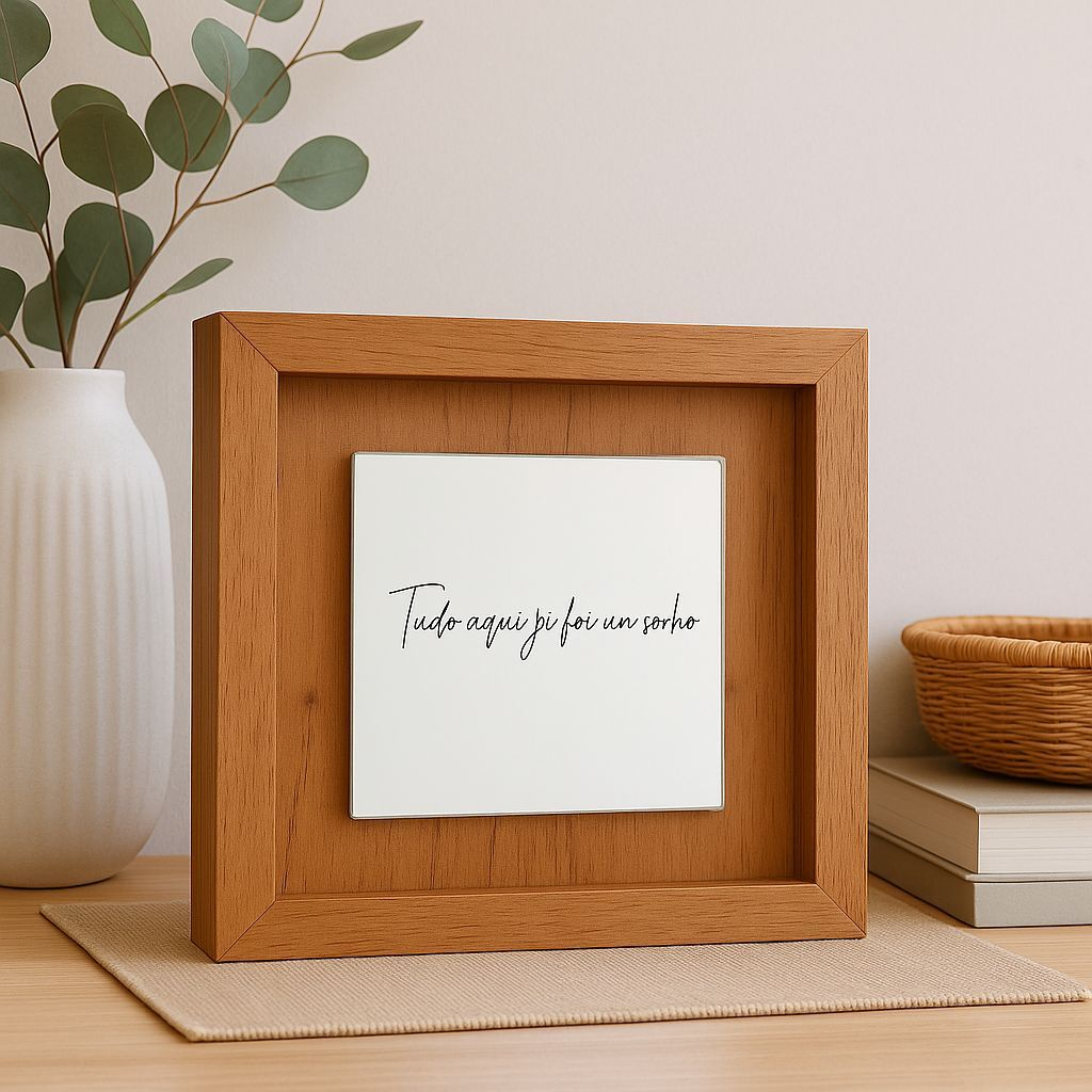 Quadro Decorativo Quadrado com Placa de Espelho Gravado com Frase Para Sala