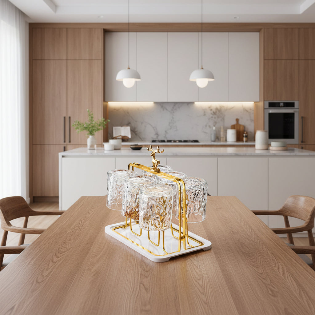Rack organizador de copos nórdico dourado com 6 copos de vidro transparente sobre mesa em cozinha moderna