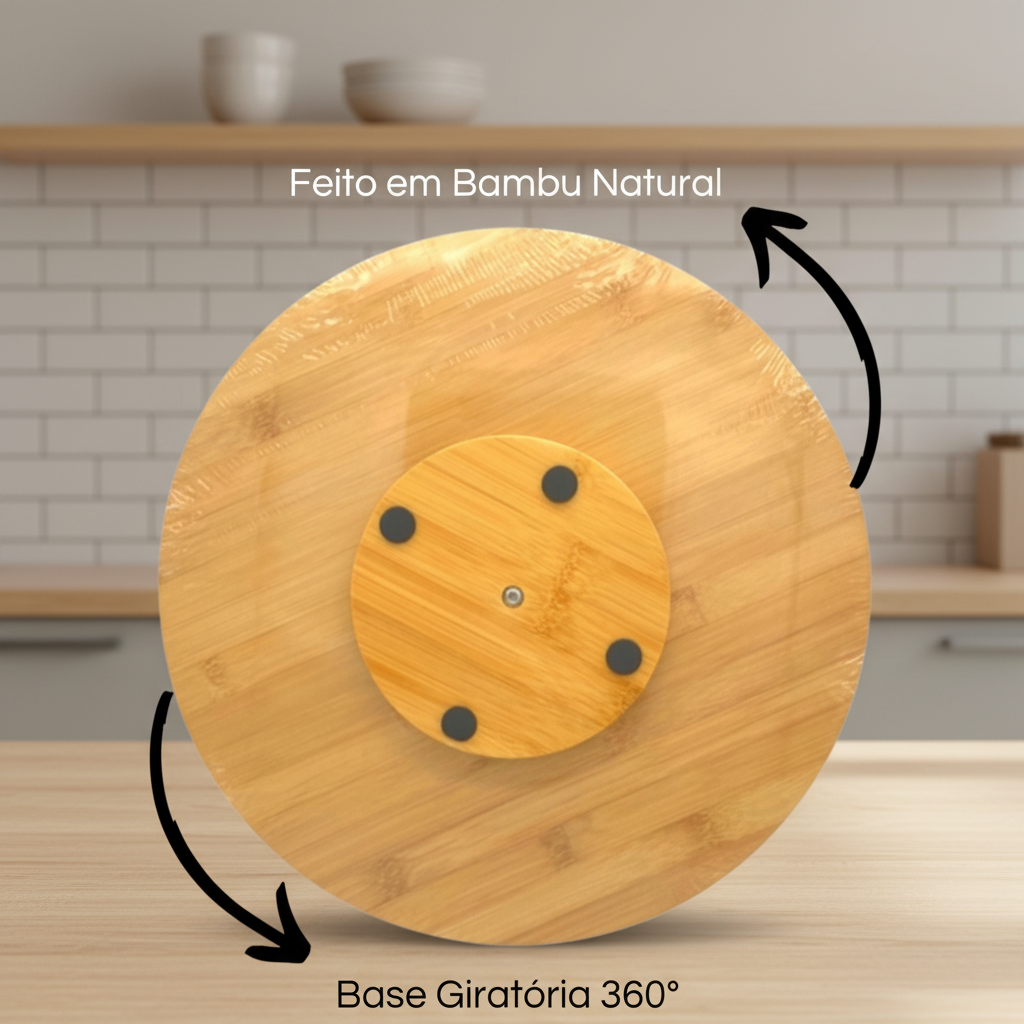 Vista da base inferior da tábua de bambu com mecanismo giratório 360° e pés antiderrapantes
