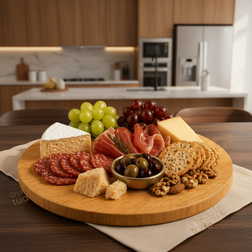 Tábua de bambu giratória com queijo, salame, uvas, azeitonas e nozes em cozinha moderna