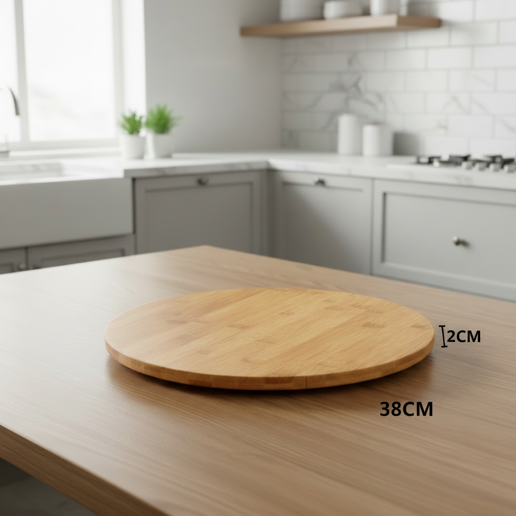Tábua de bambu giratória 38cm sobre bancada de cozinha clara com dimensões marcadas: 38×2 cm