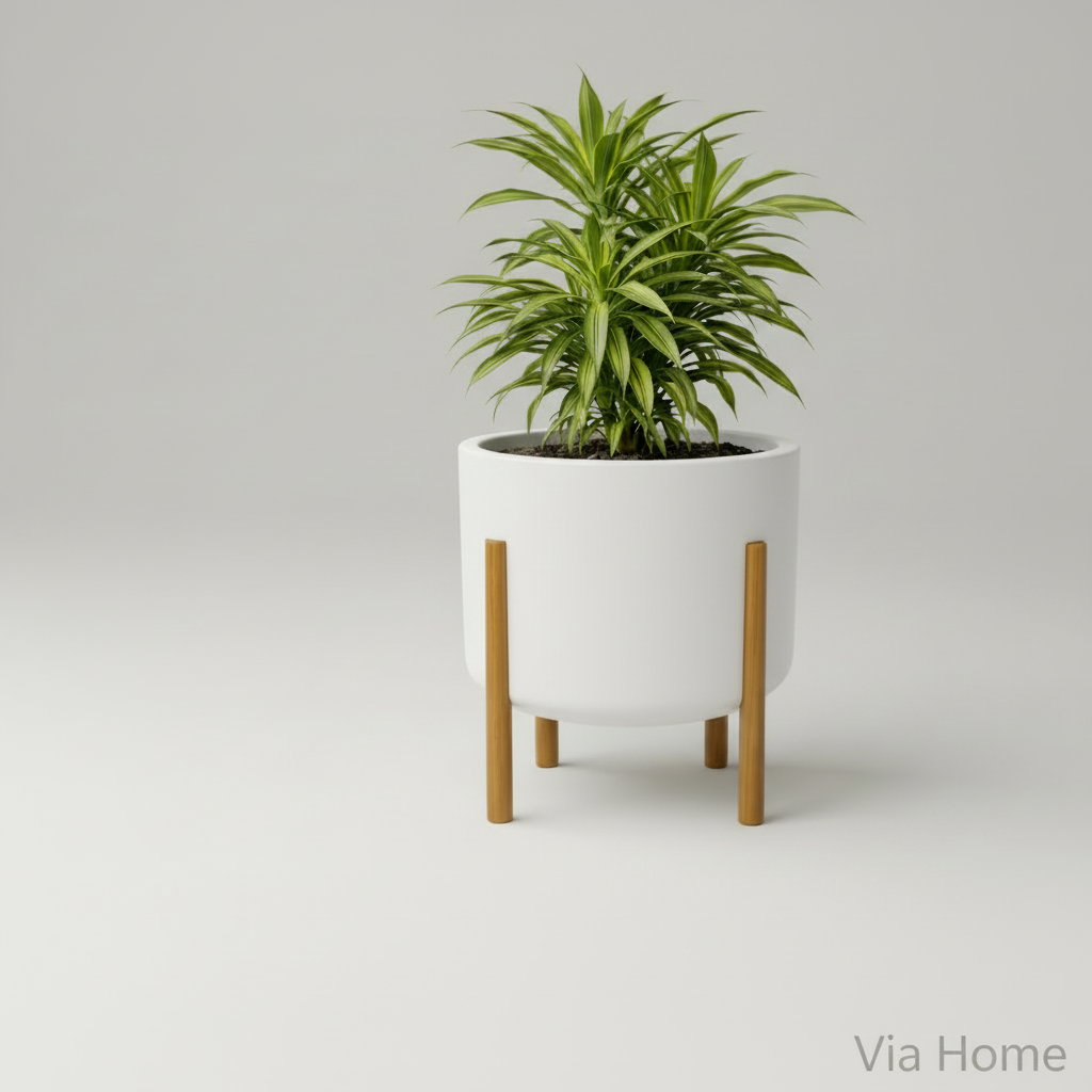 Vaso decorativo nórdico com pés de madeira, vista frontal isolada