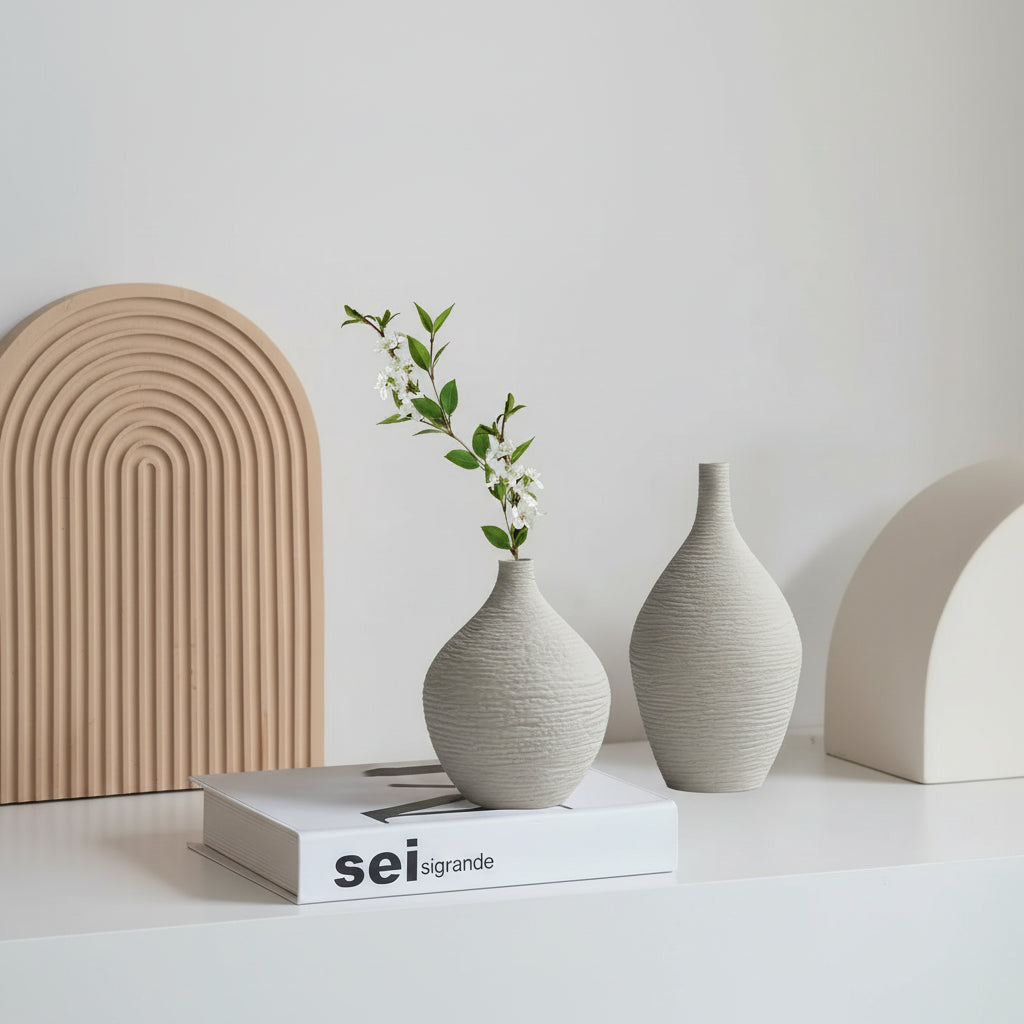 Vaso Luxury Narrow em cerâmica com flor seca sobre mesa em canto de sala